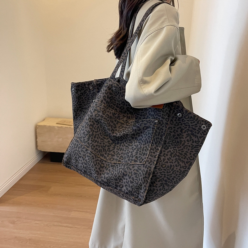 Women'S Work Bags Tote - 레오파드 패턴 토트백 빈티지 캔버스 숄더백