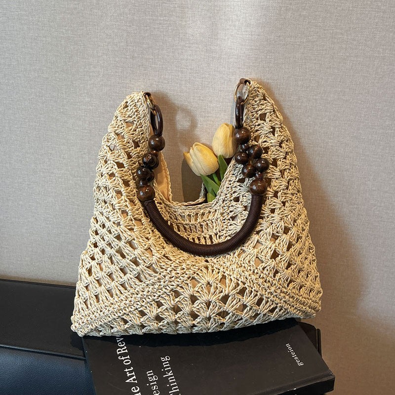 Woven Straw Bag - 해변 휴가 스타일 대용량 스트로우 숄더백