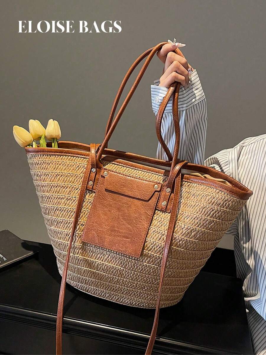 Woven Straw Bag - 패션 대용량 우븐 토트백, 새로운 비치